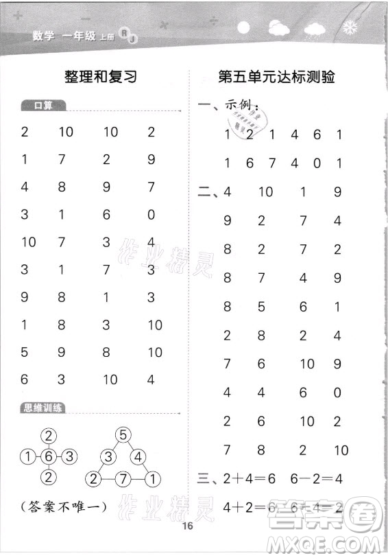 教育科學(xué)出版社2021秋季小兒郎小學(xué)口算大通關(guān)數(shù)學(xué)一年級(jí)上冊(cè)人教版答案