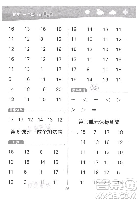 地質(zhì)出版社2021秋季小兒郎小學(xué)口算大通關(guān)數(shù)學(xué)一年級(jí)上冊(cè)北師大版答案
