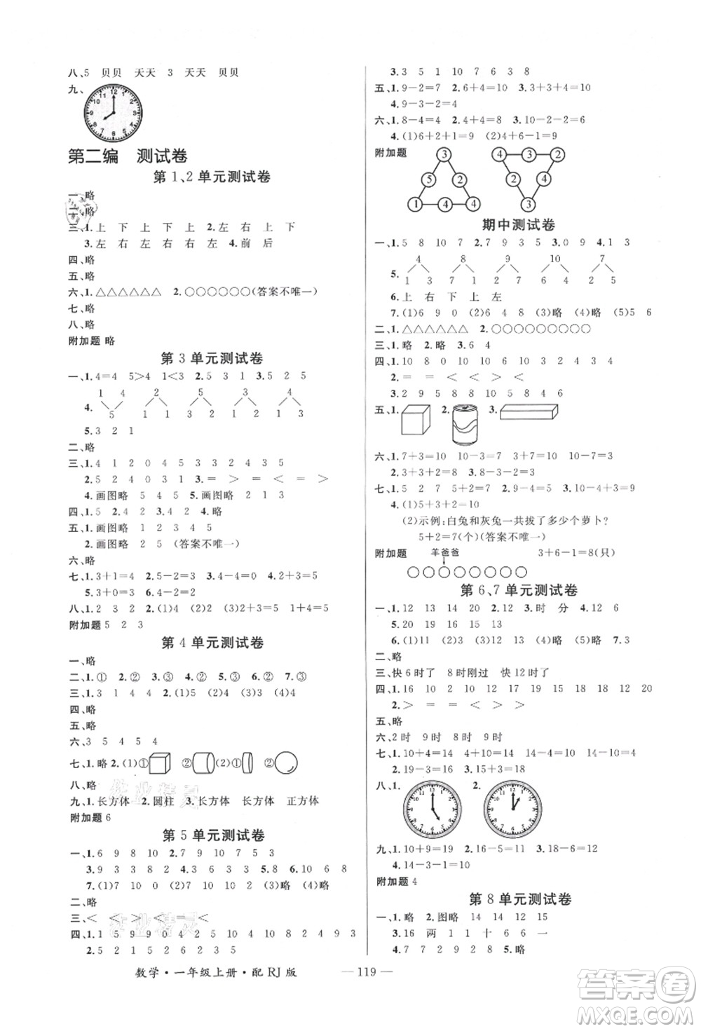 江西教育出版社2021秋季名師測控一年級數(shù)學(xué)上冊RJ人教版答案