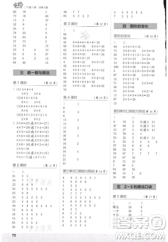 江蘇鳳凰少年兒童出版社2021口算小狀元口算速算天天練小學數(shù)學二年級上冊北師大版答案