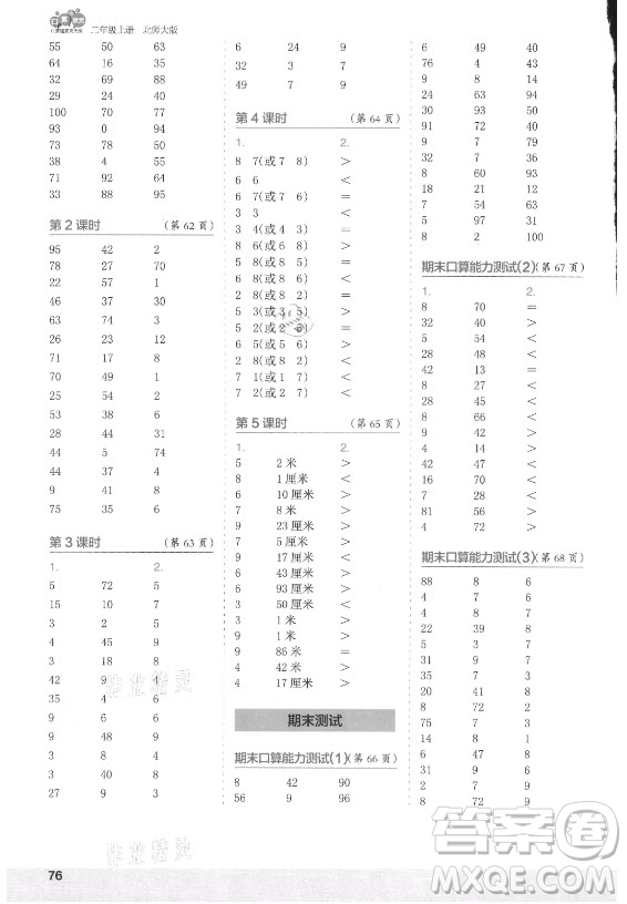 江蘇鳳凰少年兒童出版社2021口算小狀元口算速算天天練小學數(shù)學二年級上冊北師大版答案