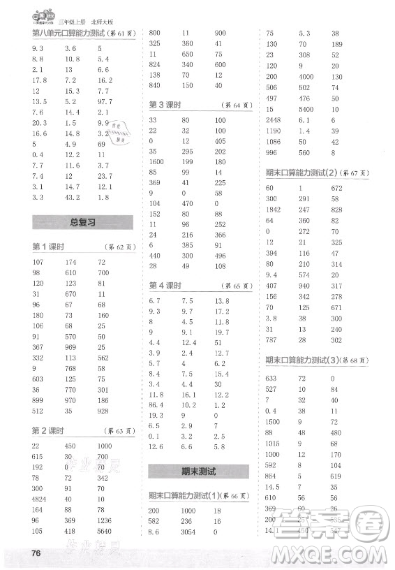 江蘇鳳凰少年兒童出版社2021口算小狀元口算速算天天練小學數(shù)學三年級上冊北師大版答案
