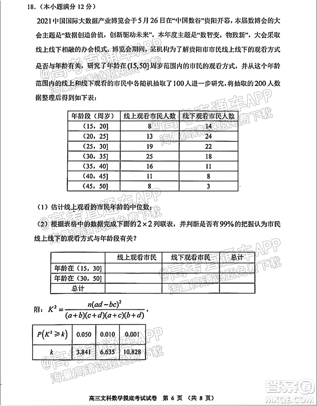 貴陽市2022屆高三年級摸底考試試卷文科數(shù)學(xué)答案