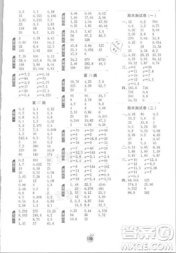 江蘇人民出版社2021小學(xué)數(shù)學(xué)計算高手五年級上冊人教版答案