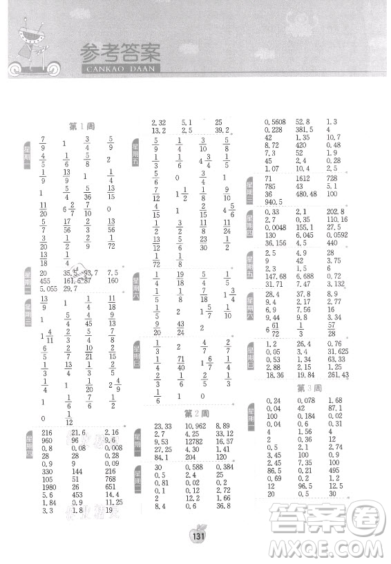 江蘇人民出版社2021小學數(shù)學計算高手六年級上冊蘇教版答案