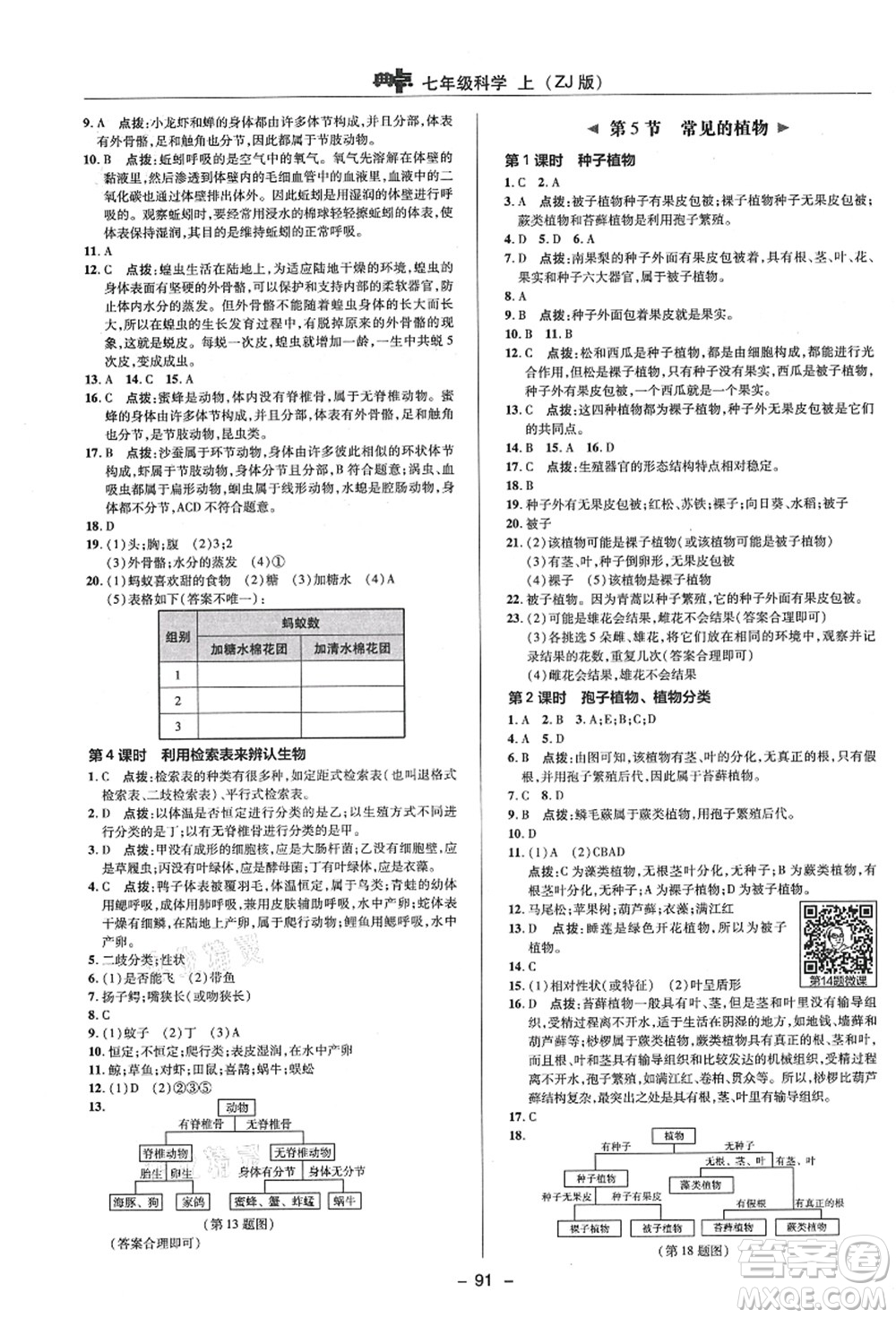 陜西人民教育出版社2021典中點綜合應用創(chuàng)新題七年級科學上冊ZJ浙教版答案