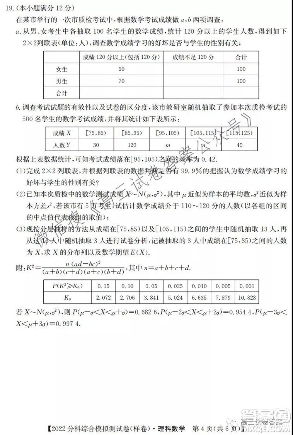 2022屆全國高考分科綜合模擬測試卷理科數(shù)學試卷及答案
