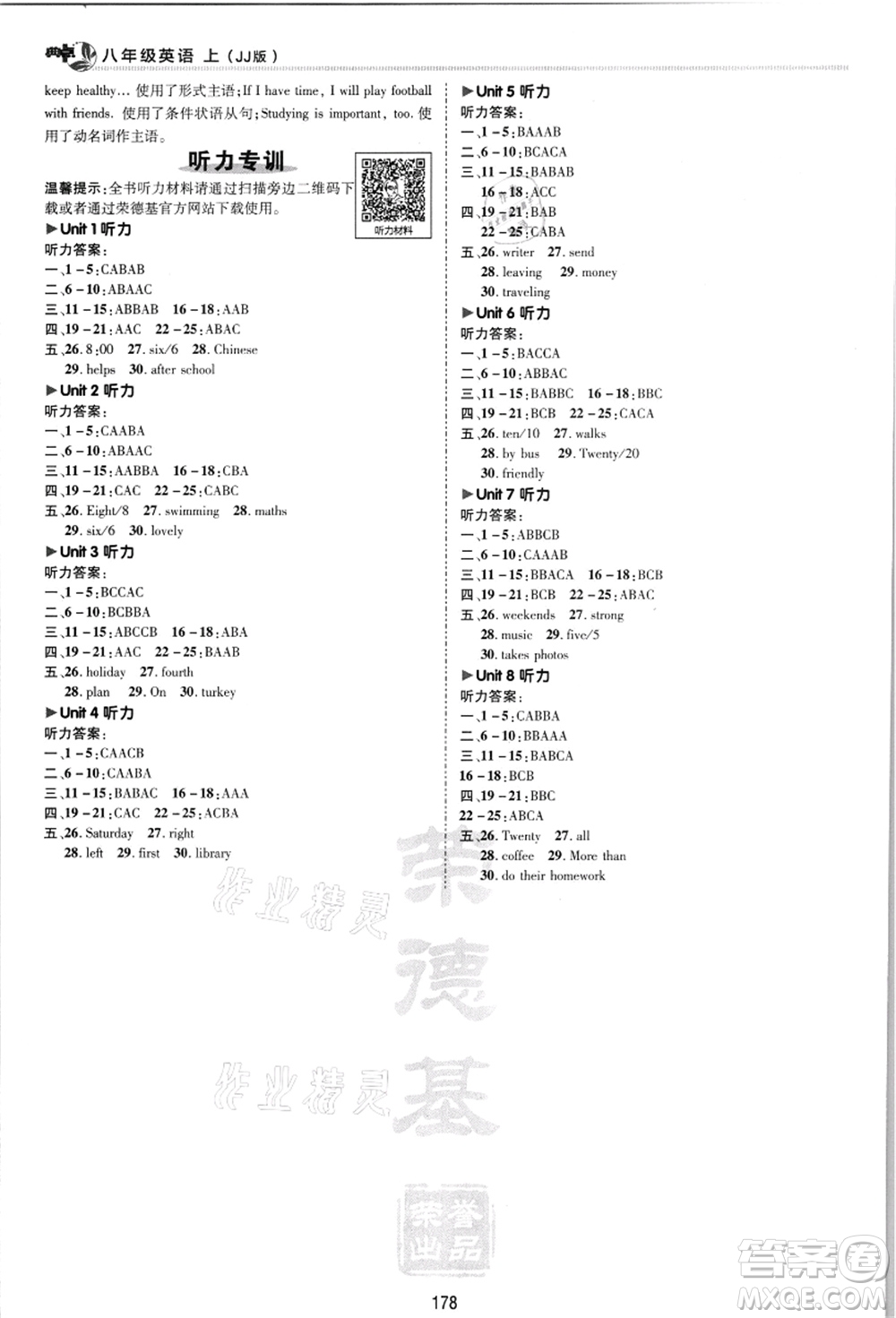 陜西人民教育出版社2021典中點(diǎn)綜合應(yīng)用創(chuàng)新題八年級英語上冊JJ冀教版答案
