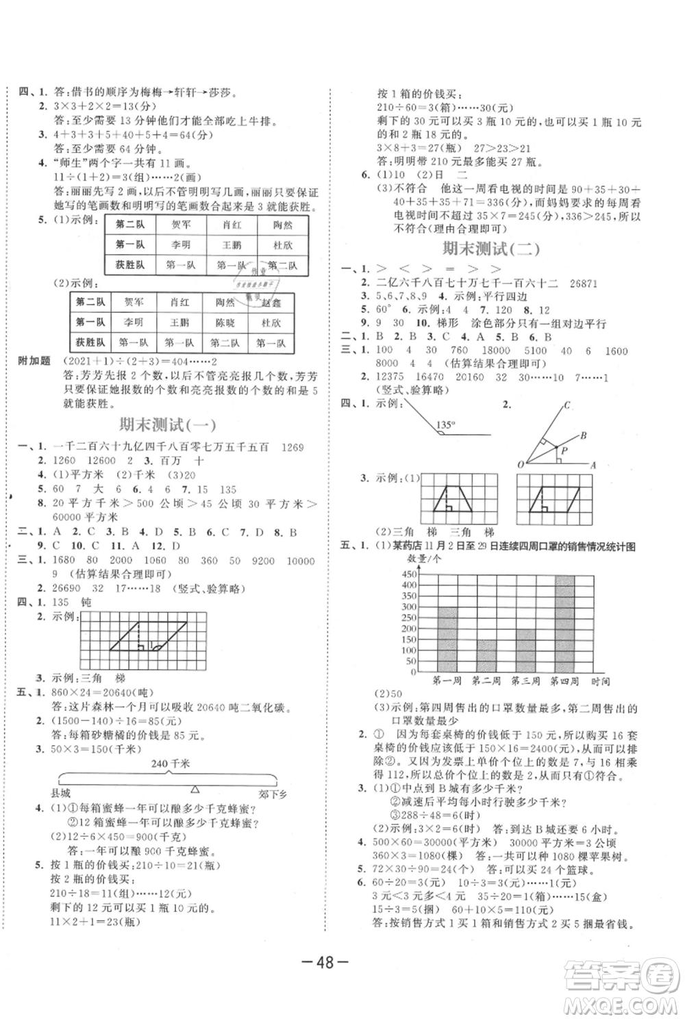 教育科學(xué)出版社2021年53天天練四年級(jí)上冊(cè)數(shù)學(xué)人教版參考答案