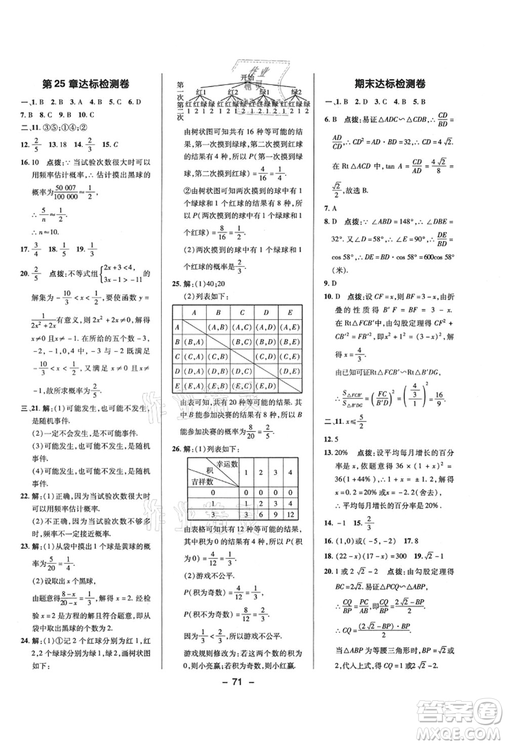 陜西人民教育出版社2021典中點綜合應(yīng)用創(chuàng)新題九年級數(shù)學(xué)上冊HS華師大版答案