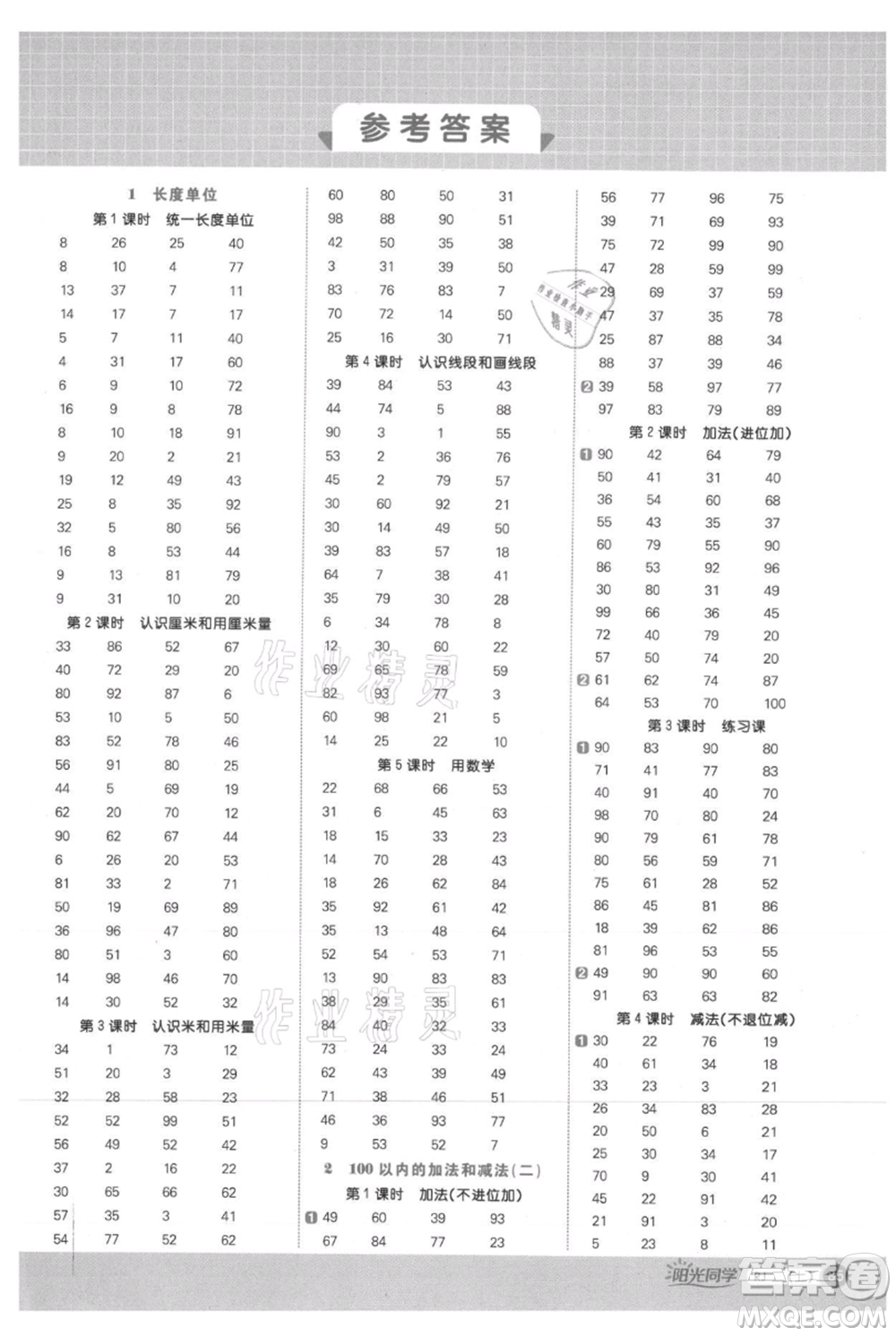 江西教育出版社2021陽光同學(xué)計(jì)算小達(dá)人二年級上冊人教版參考答案