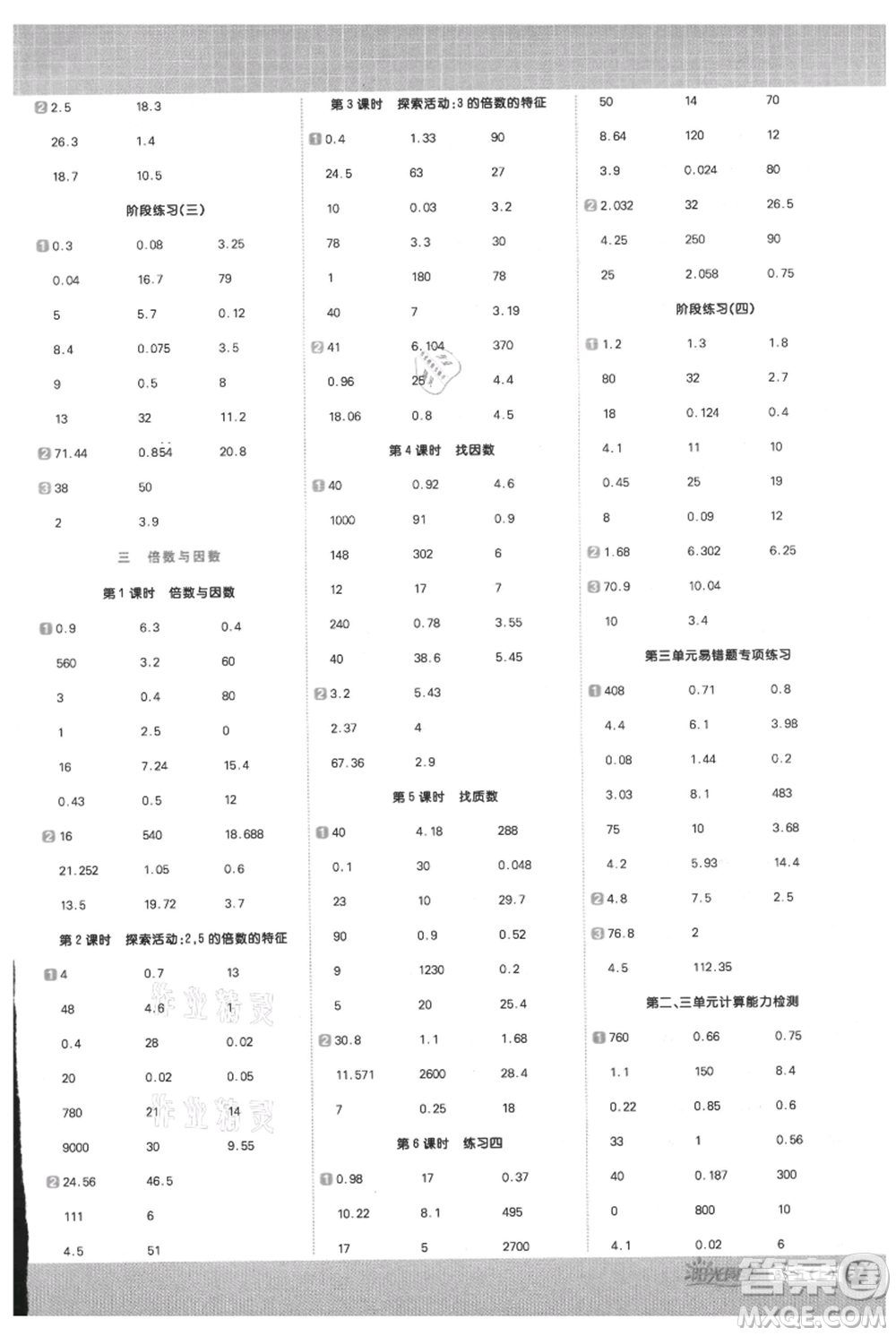 江西教育出版社2021陽光同學(xué)計算小達人五年級上冊北師大版參考答案