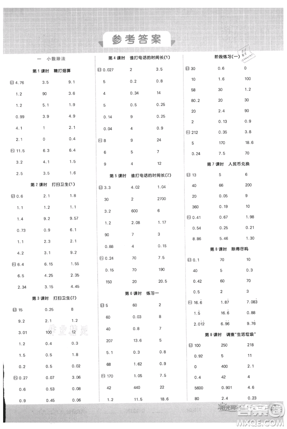 江西教育出版社2021陽光同學(xué)計算小達人五年級上冊北師大版參考答案