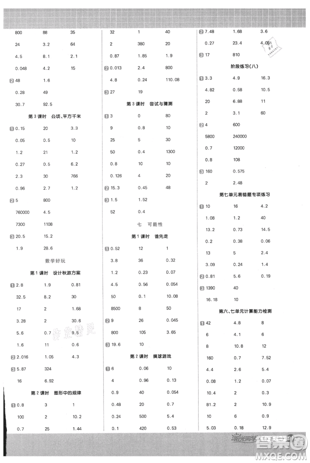 江西教育出版社2021陽光同學(xué)計算小達人五年級上冊北師大版參考答案