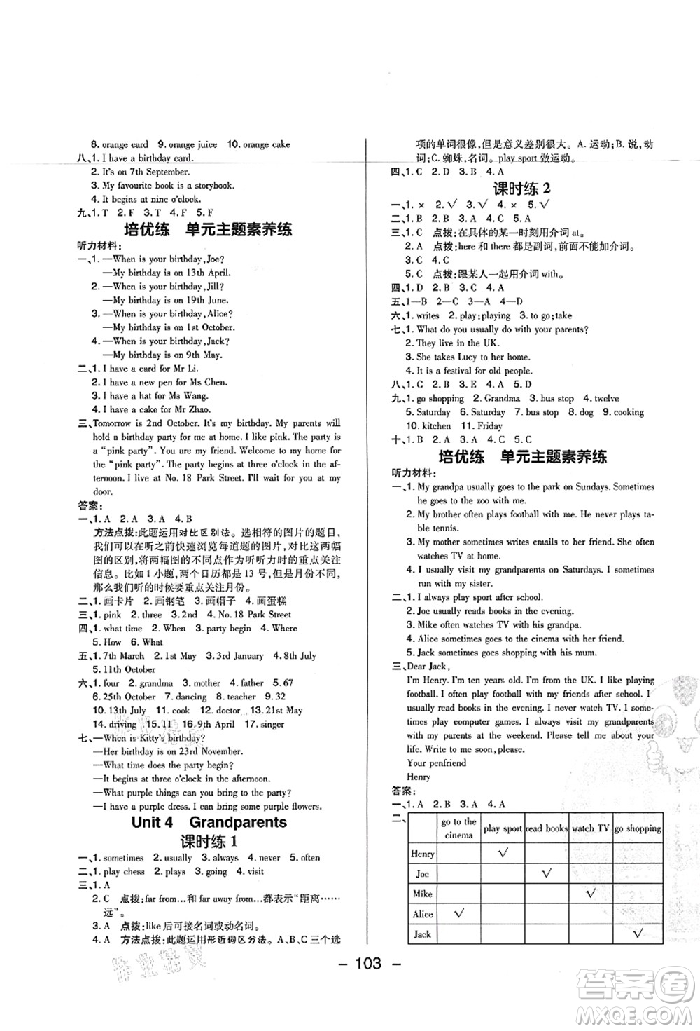 陜西人民教育出版社2021典中點綜合應用創(chuàng)新題五年級英語上冊HN滬教牛津版答案