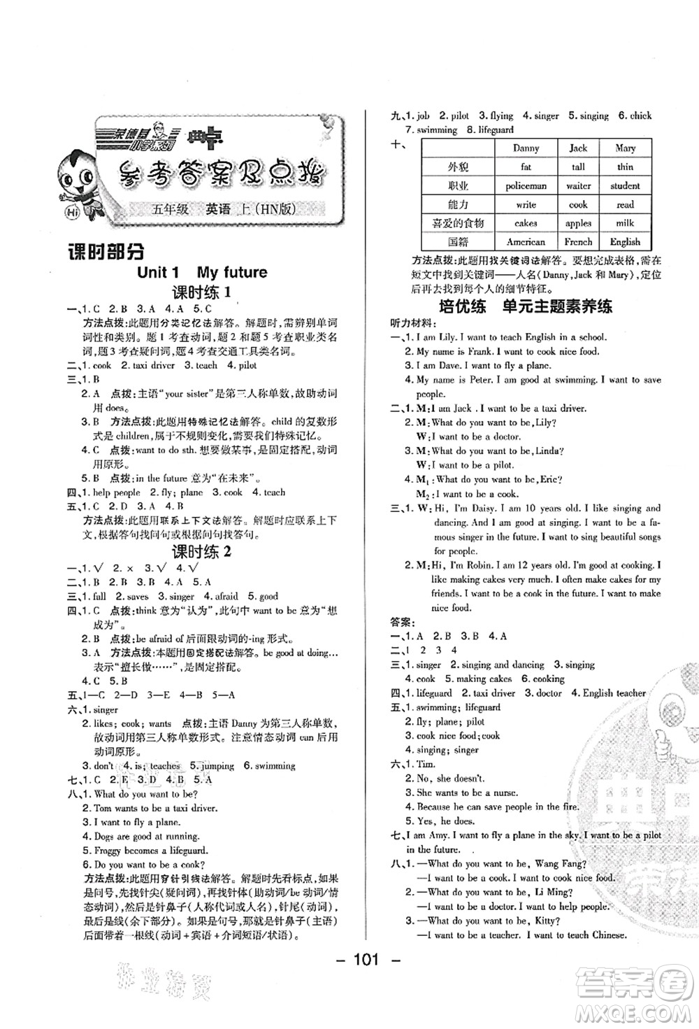 陜西人民教育出版社2021典中點綜合應用創(chuàng)新題五年級英語上冊HN滬教牛津版答案