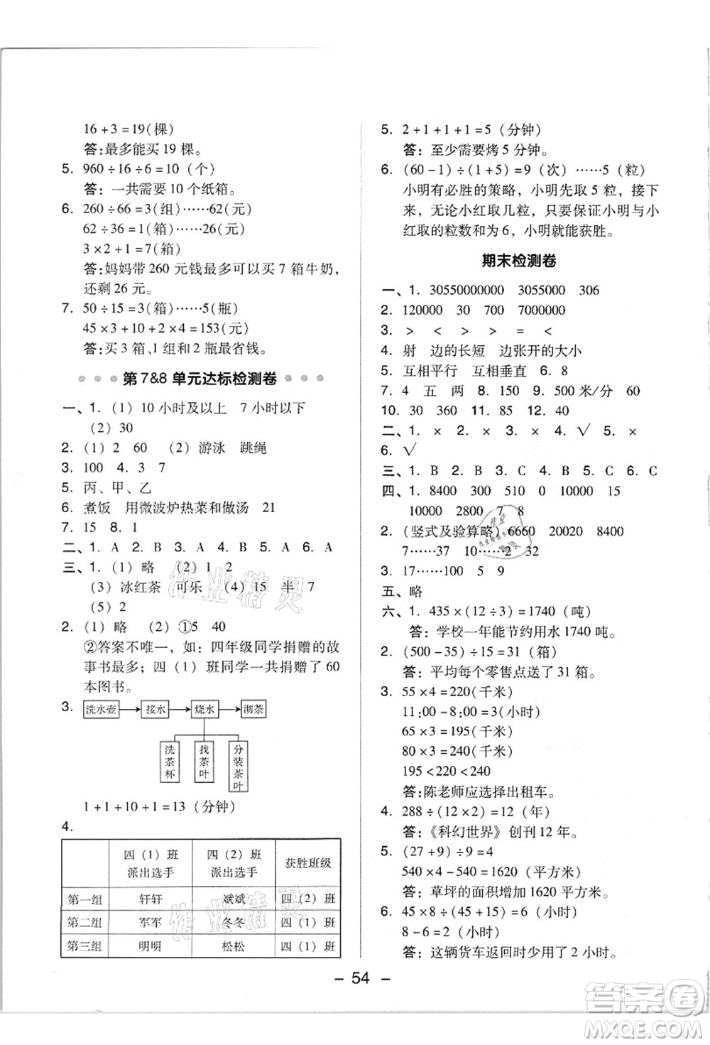 吉林教育出版社2021典中點綜合應用創(chuàng)新題四年級數學上冊R人教版答案