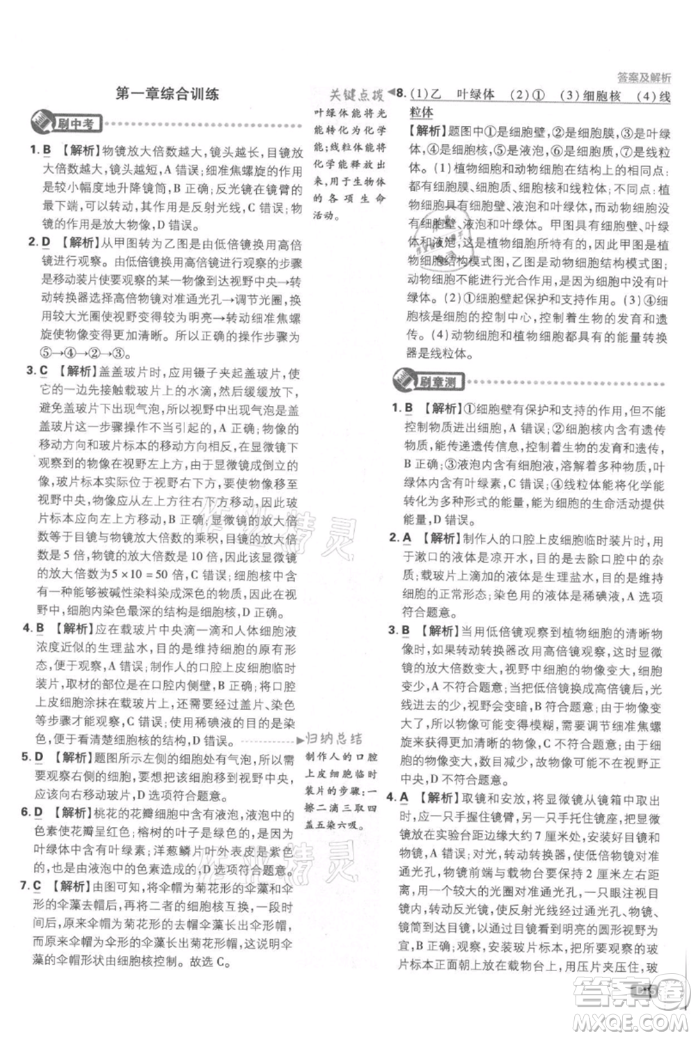 開(kāi)明出版社2021初中必刷題七年級(jí)上冊(cè)生物人教版參考答案