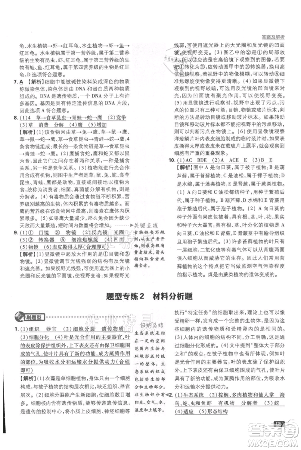 開(kāi)明出版社2021初中必刷題七年級(jí)上冊(cè)生物人教版參考答案