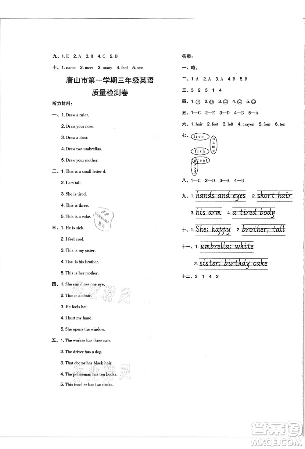 吉林教育出版社2021典中點綜合應用創(chuàng)新題三年級英語上冊JJ冀教版答案
