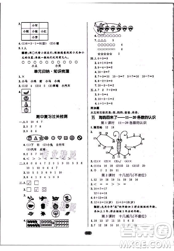 沈陽出版社2021黃岡名師天天練數(shù)學一年級上冊青島版答案