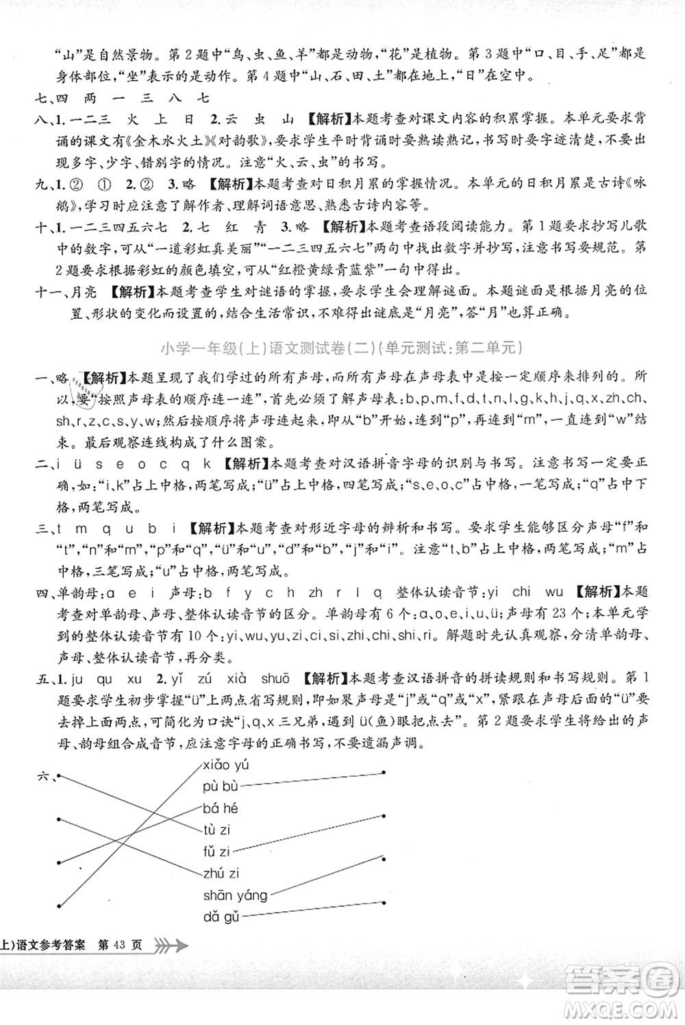 浙江工商大學出版社2021孟建平系列叢書小學單元測試一年級語文上冊R人教版答案