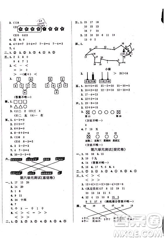 西安出版社2021秋季53全優(yōu)卷小學(xué)數(shù)學(xué)一年級上冊RJ人教版答案