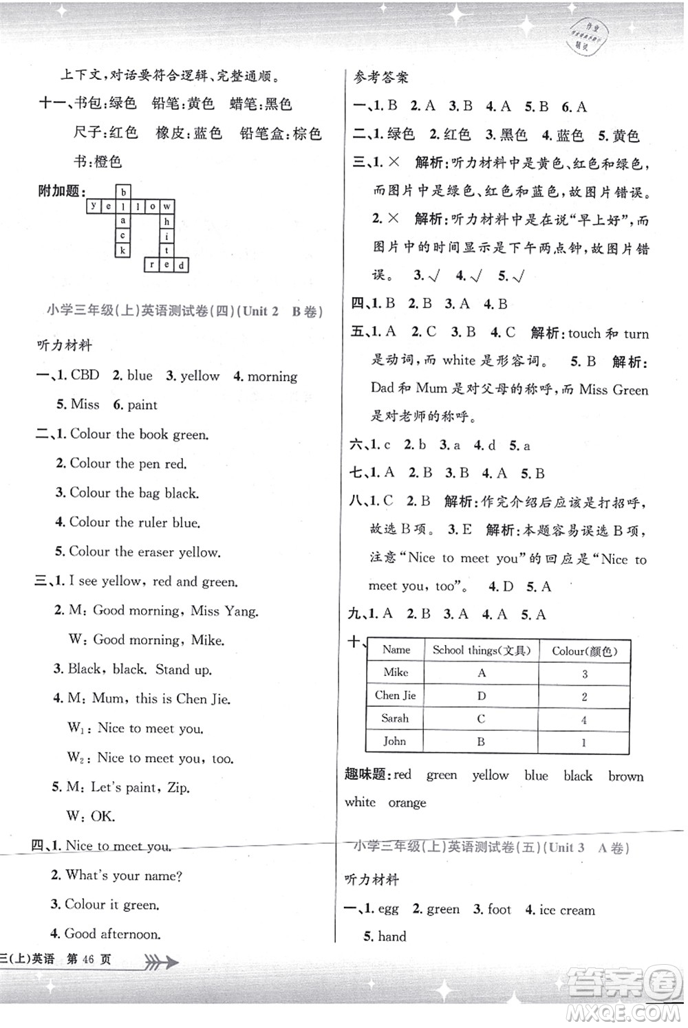 浙江工商大學出版社2021孟建平系列叢書小學單元測試三年級英語上冊R人教版答案