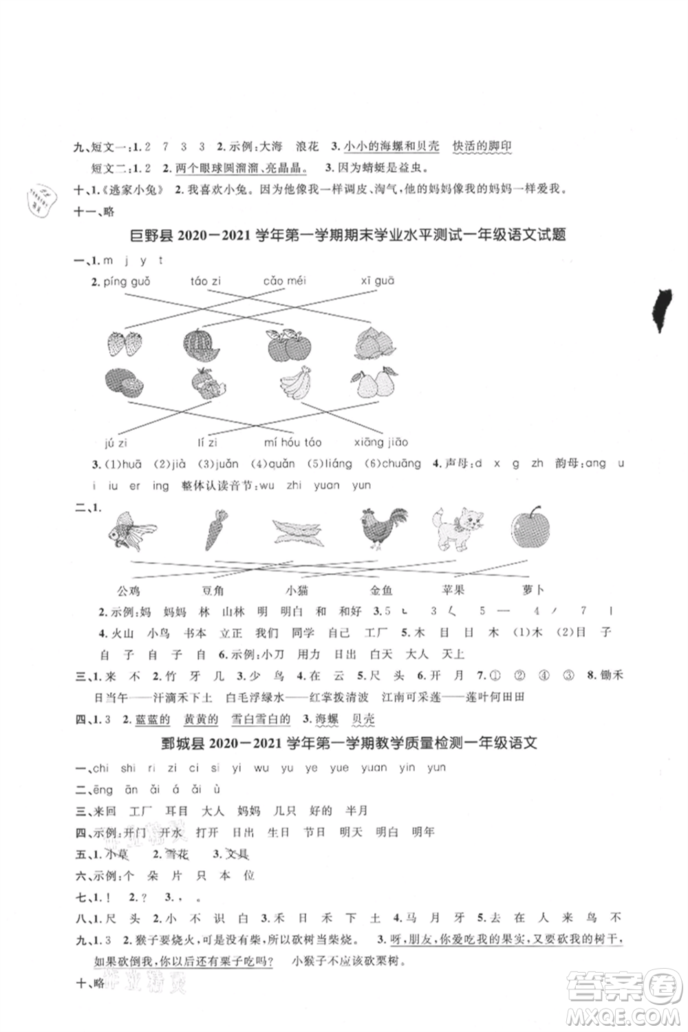 江西教育出版社2021陽光同學課時優(yōu)化作業(yè)一年級上冊語文人教版菏澤專版參考答案
