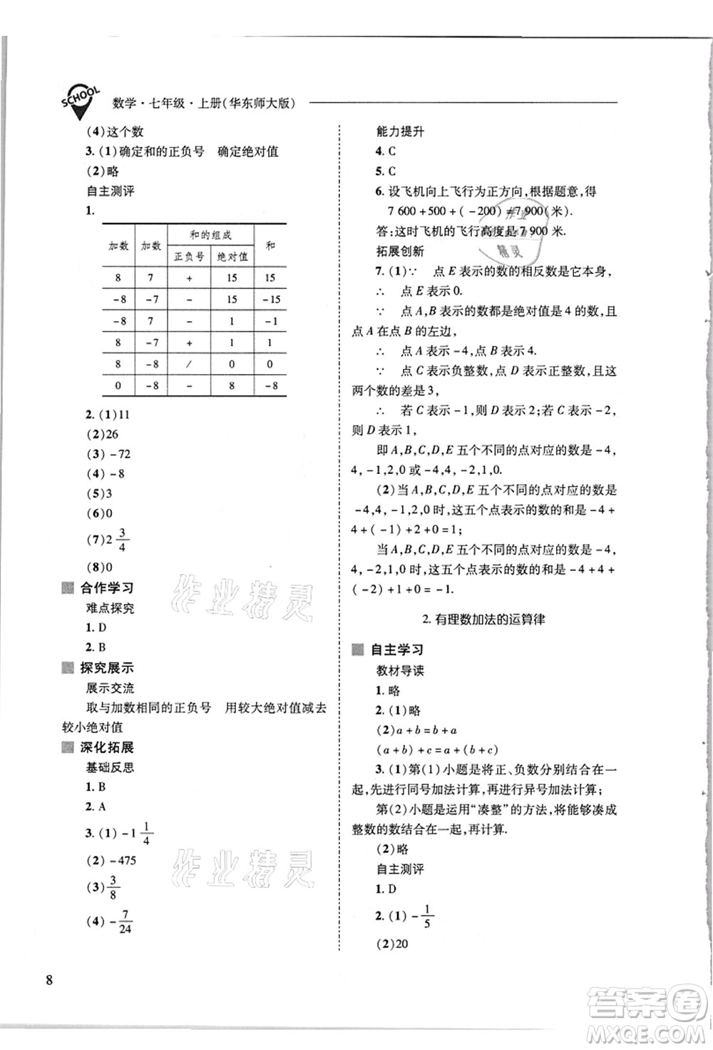 山西教育出版社2021新課程問題解決導學方案七年級數(shù)學上冊華東師大版答案