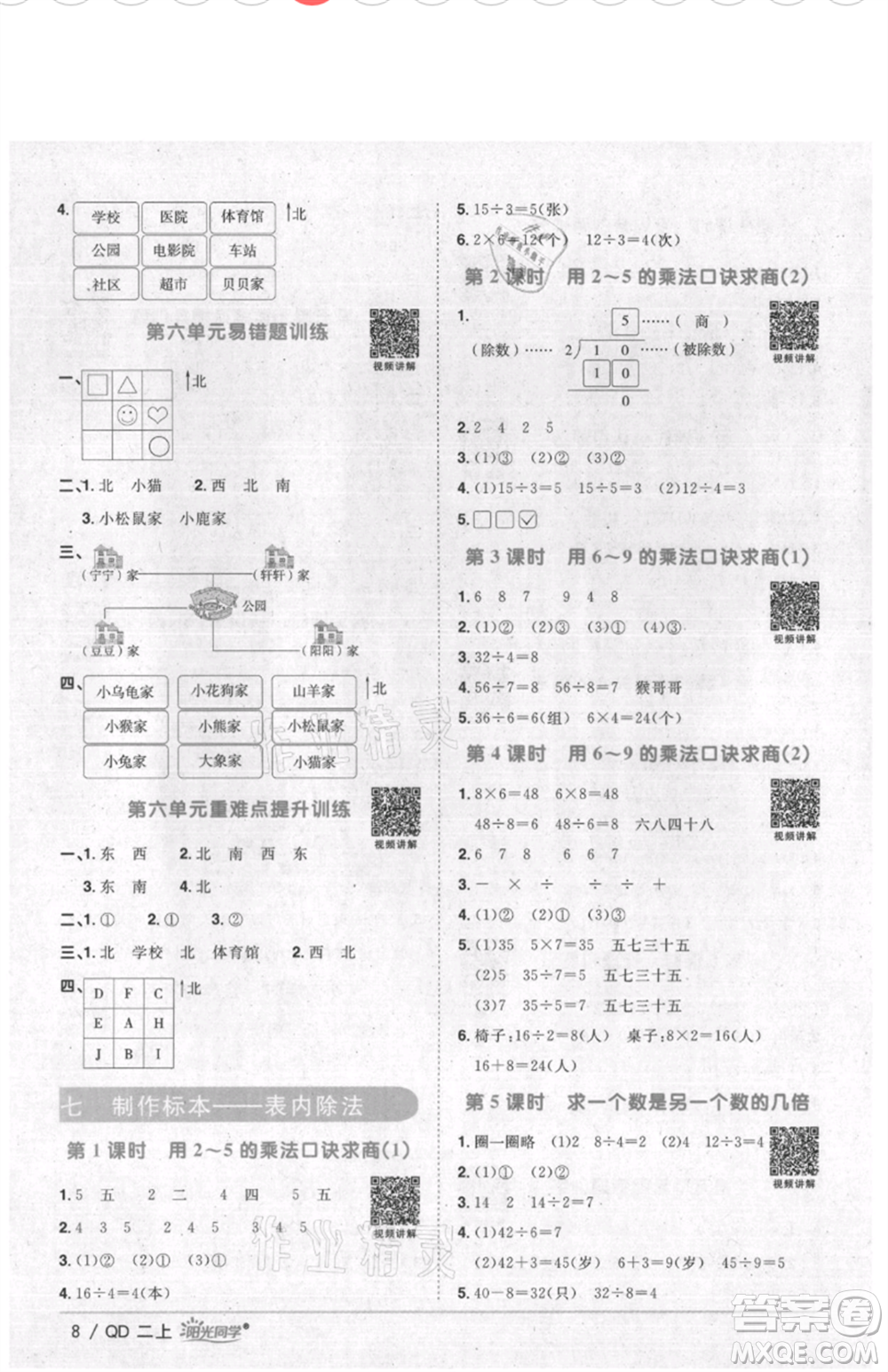 江西教育出版社2021陽光同學(xué)課時(shí)優(yōu)化作業(yè)二年級上冊數(shù)學(xué)青島版參考答案