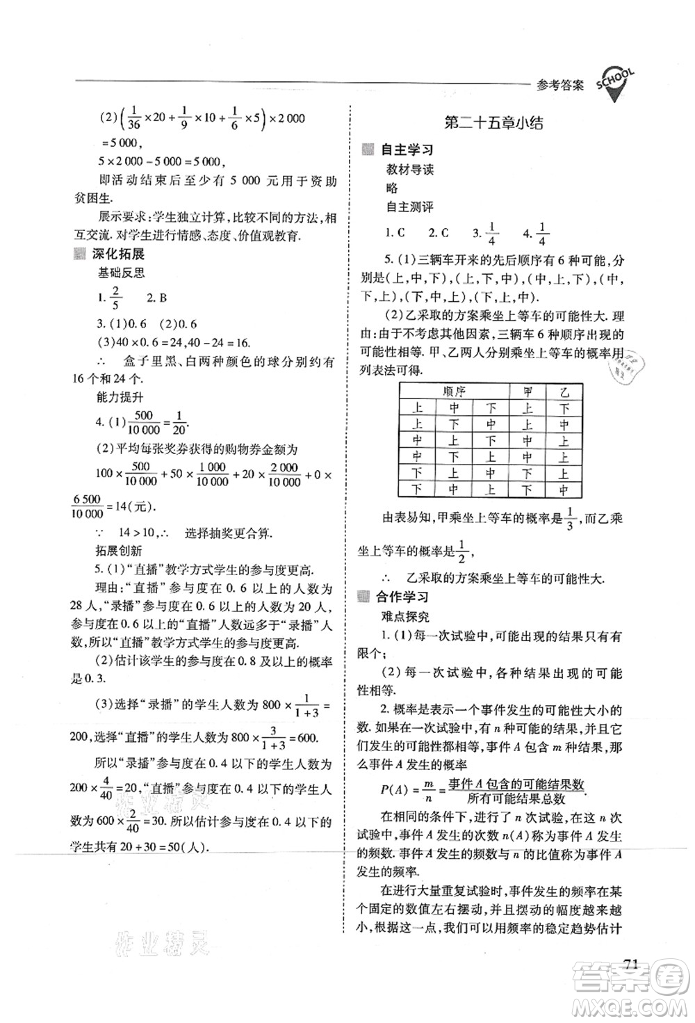 山西教育出版社2021新課程問題解決導(dǎo)學(xué)方案九年級數(shù)學(xué)上冊人教版答案