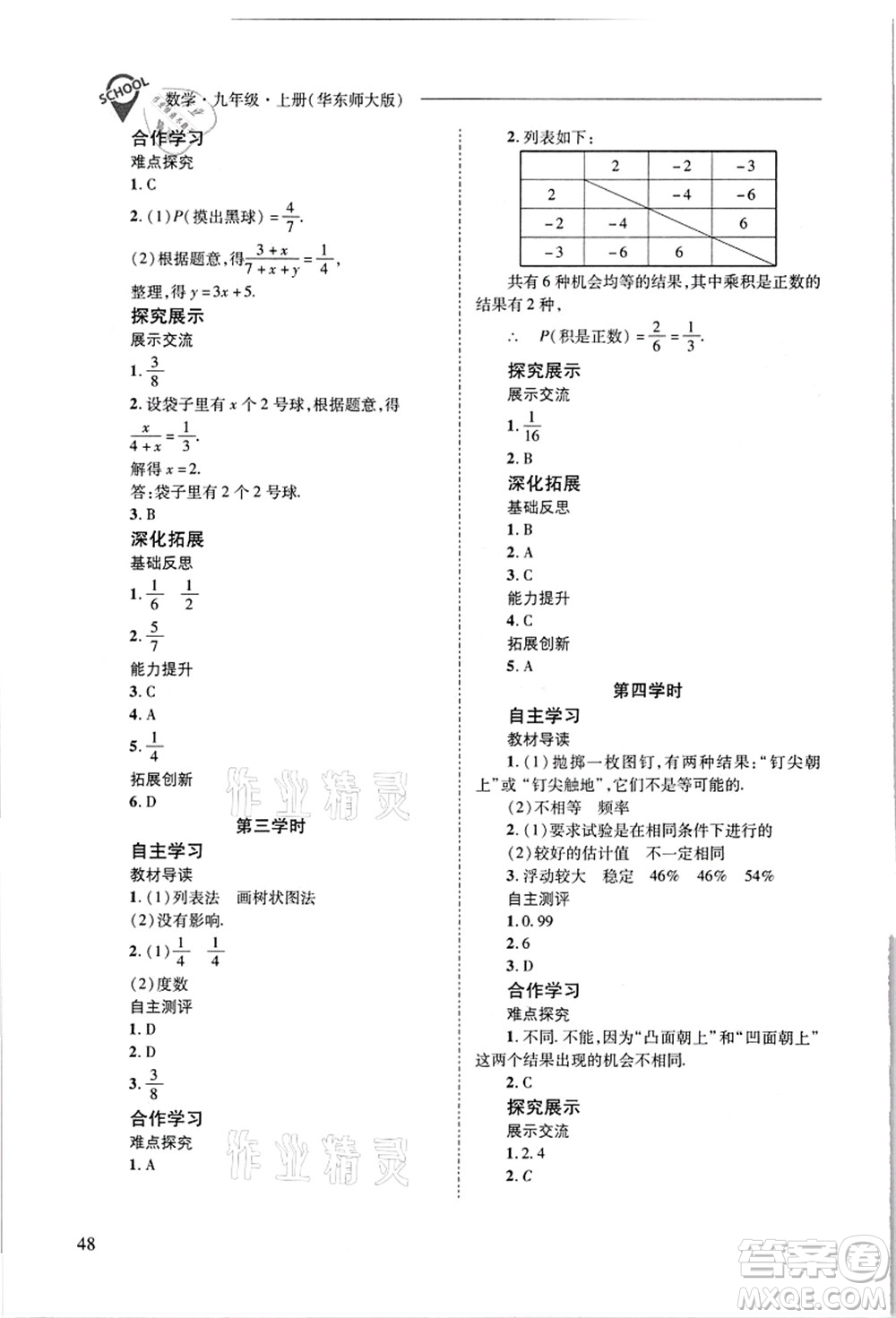 山西教育出版社2021新課程問題解決導學方案九年級數(shù)學上冊華東師大版答案