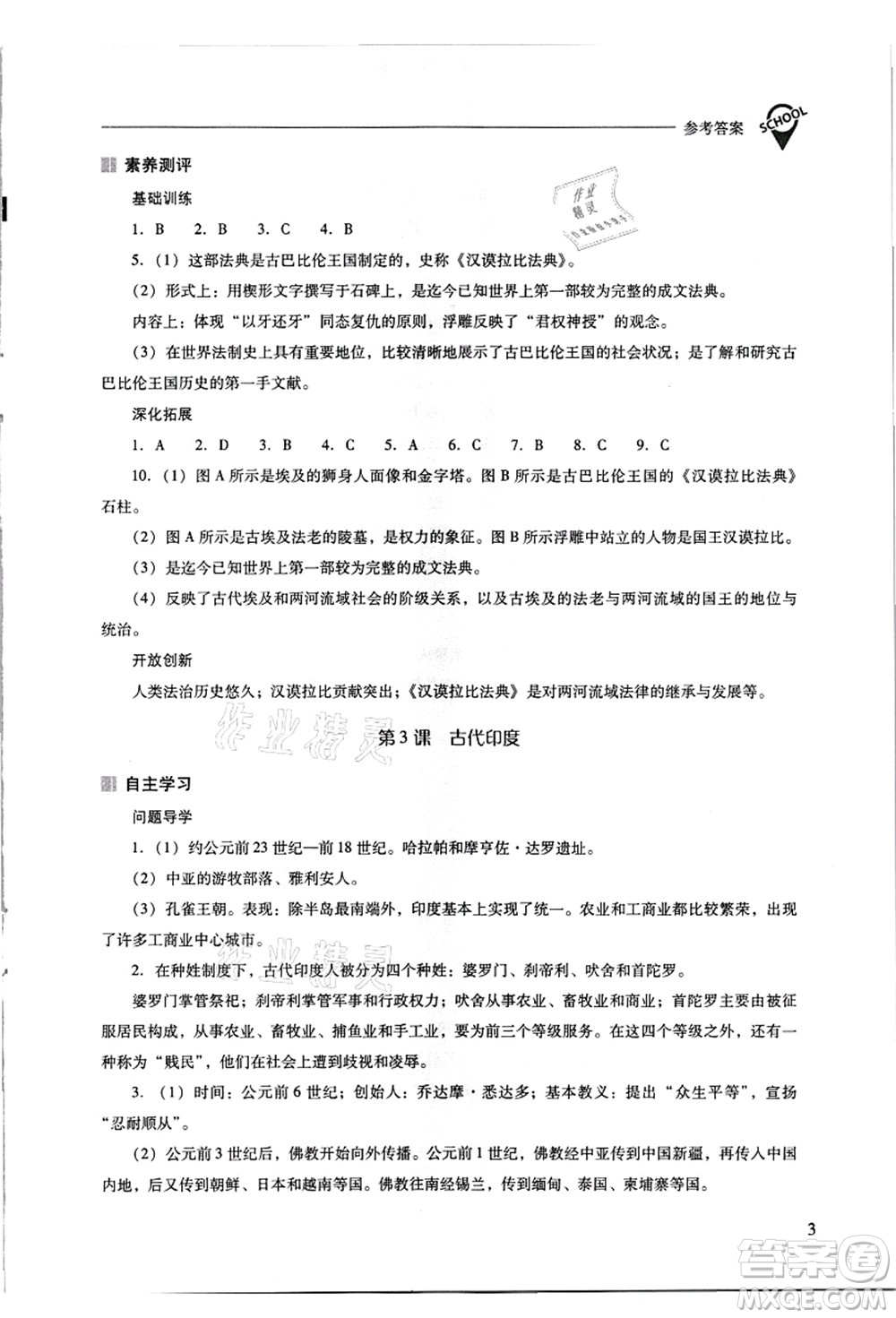 山西教育出版社2021新課程問題解決導(dǎo)學(xué)方案九年級(jí)歷史上冊(cè)人教版答案