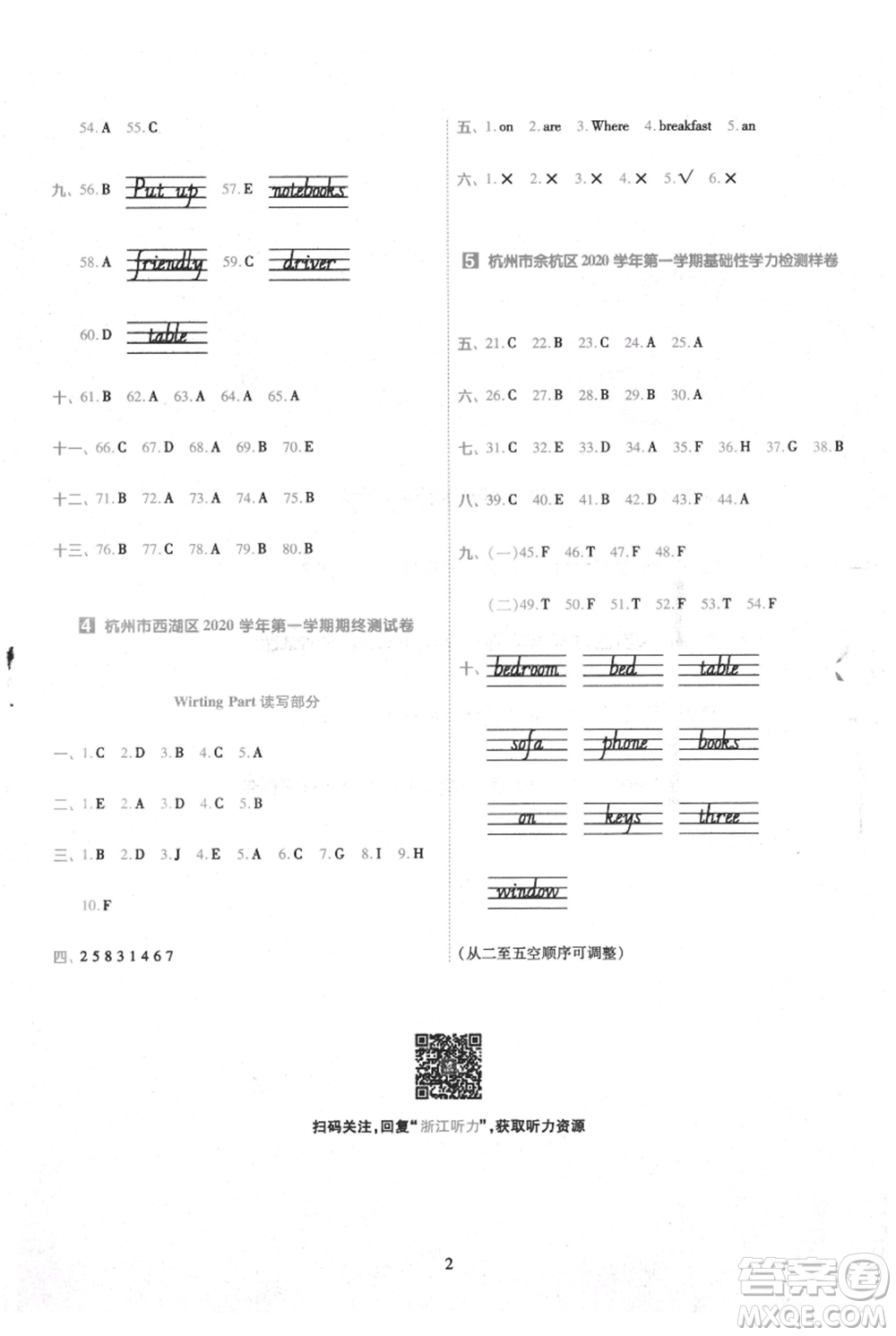 南京師范大學(xué)出版社2021一遍過(guò)四年級(jí)上冊(cè)英語(yǔ)人教版浙江專用參考答案