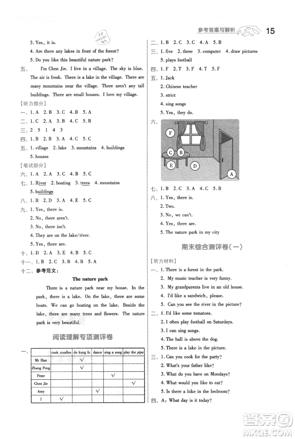 南京師范大學出版社2021一遍過五年級上冊英語人教版參考答案