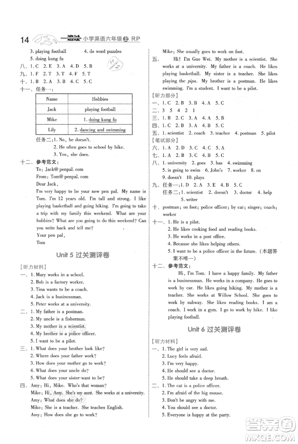 南京師范大學(xué)出版社2021一遍過(guò)六年級(jí)上冊(cè)英語(yǔ)人教版參考答案