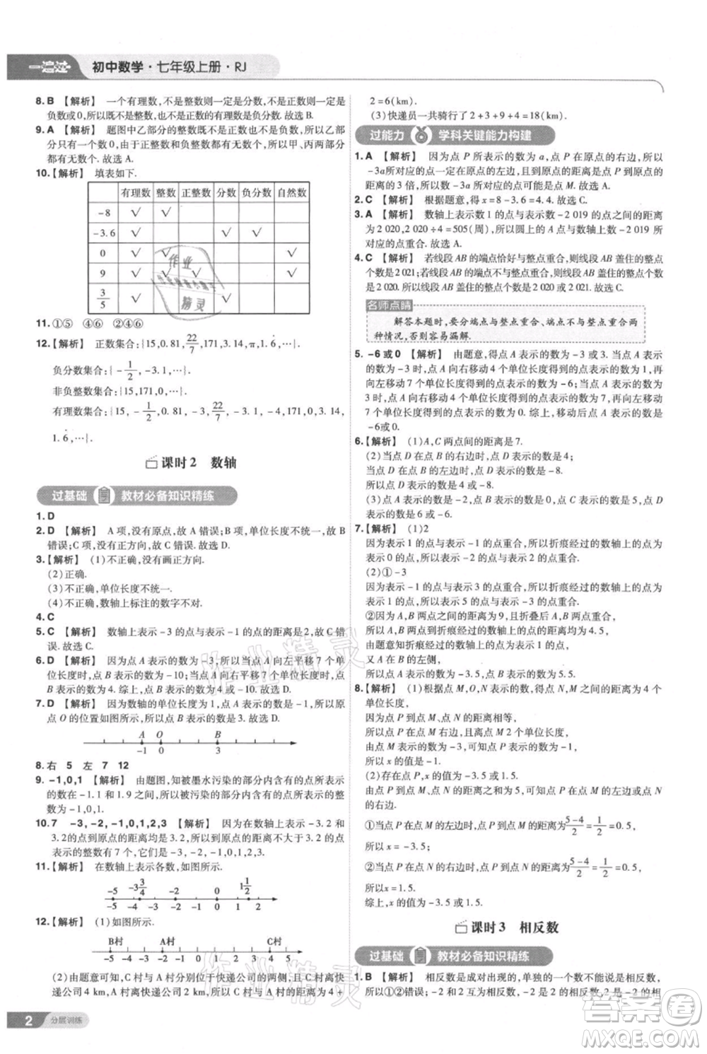 南京師范大學(xué)出版社2021一遍過(guò)七年級(jí)上冊(cè)數(shù)學(xué)人教版參考答案