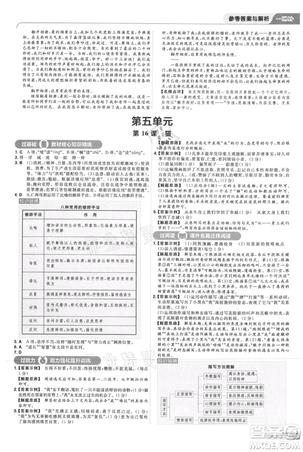 南京師范大學(xué)出版社2021一遍過七年級上冊語文人教版參考答案