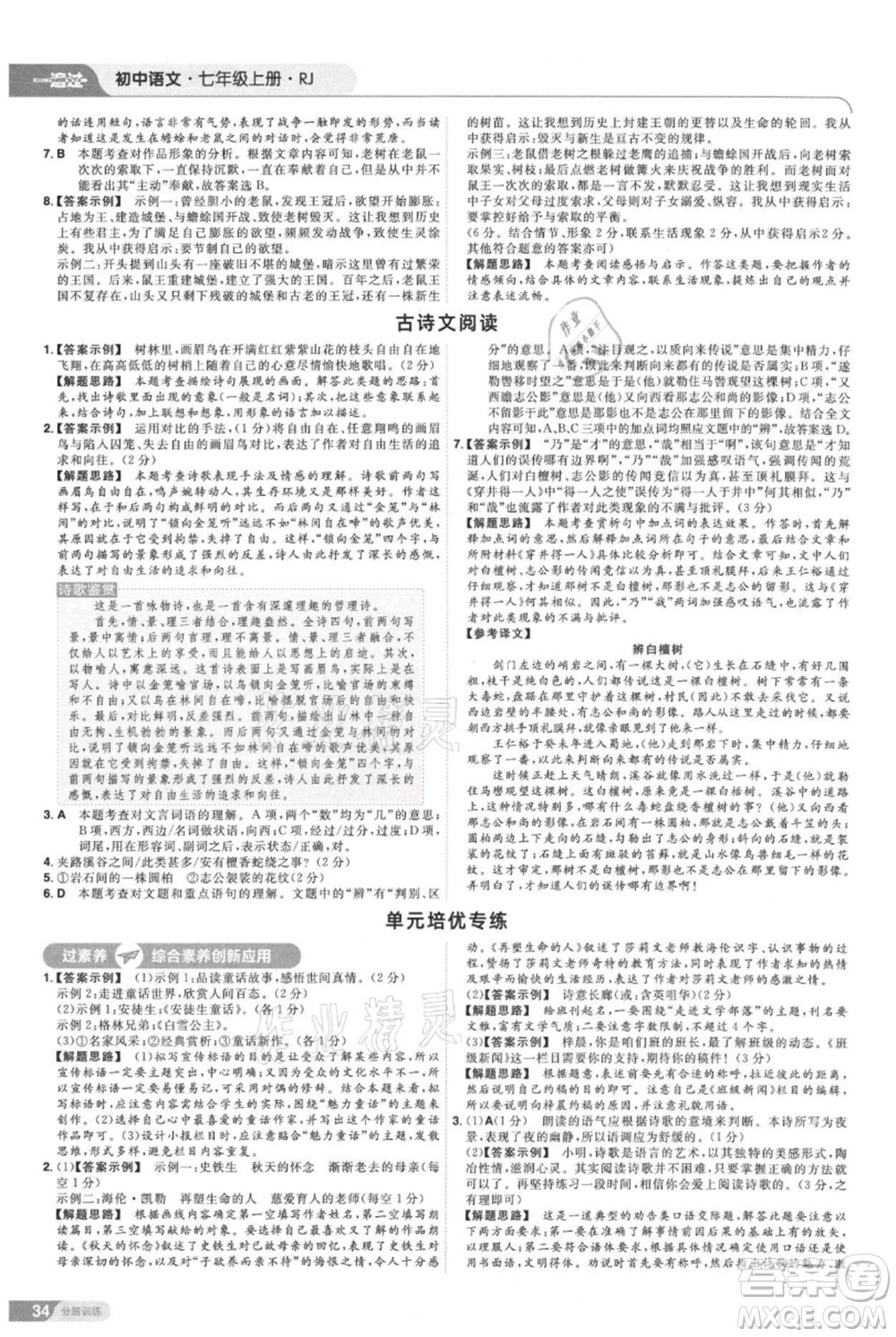 南京師范大學(xué)出版社2021一遍過七年級上冊語文人教版參考答案