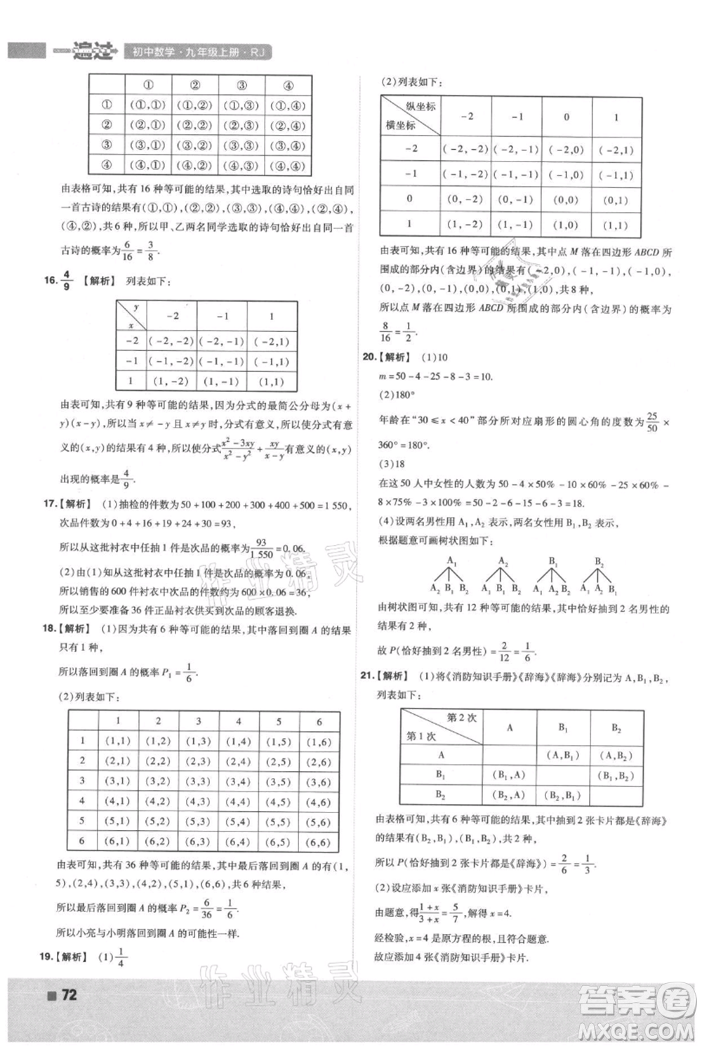 南京師范大學(xué)出版社2021一遍過九年級上冊數(shù)學(xué)人教版參考答案