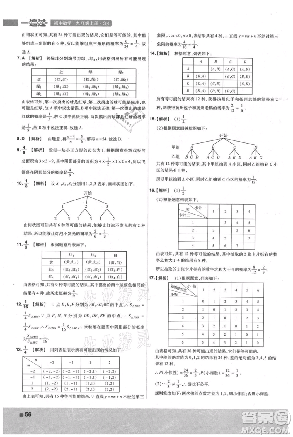 南京師范大學(xué)出版社2021一遍過九年級(jí)上冊(cè)數(shù)學(xué)蘇科版參考答案