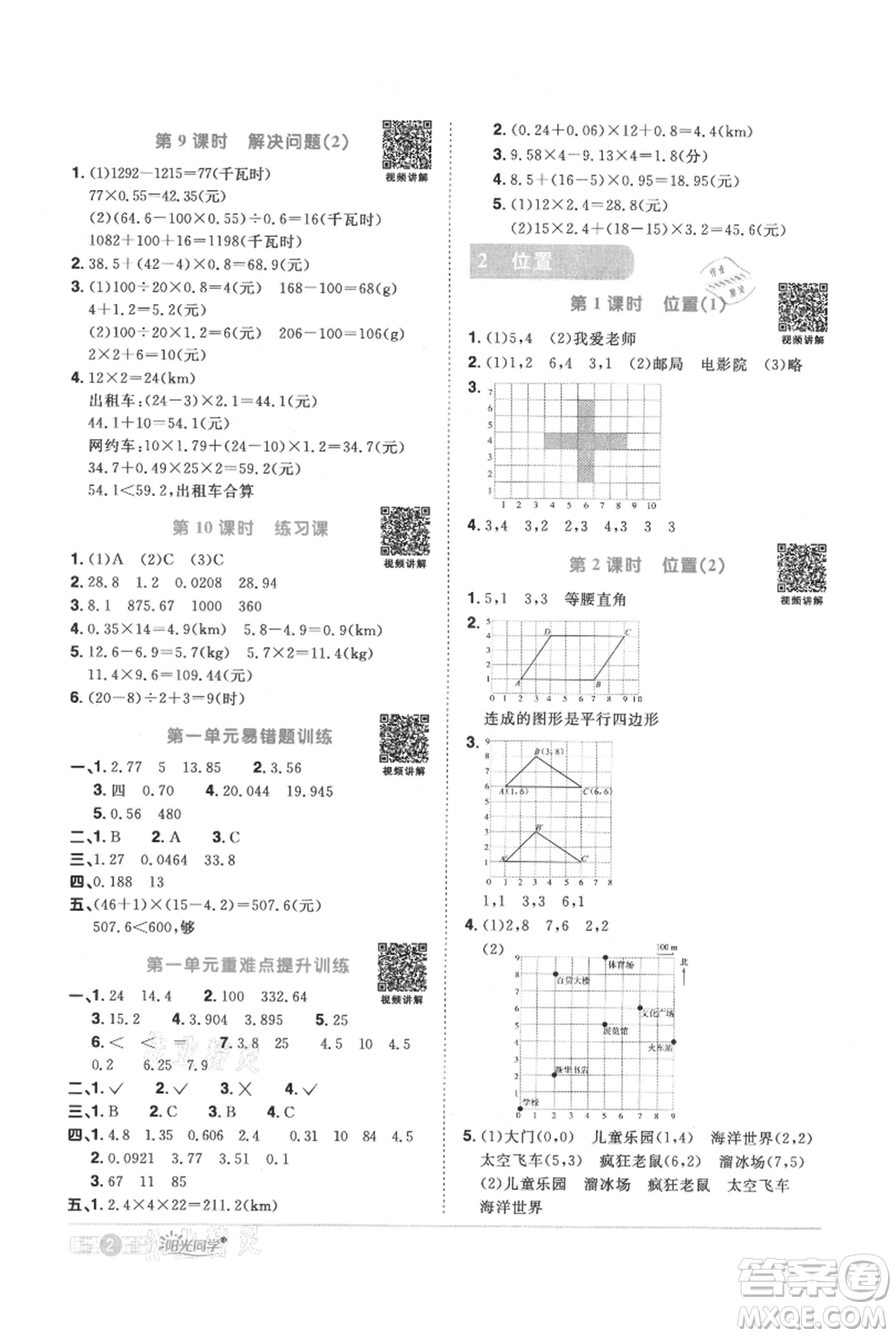 江西教育出版社2021陽光同學課時優(yōu)化作業(yè)五年級上冊數(shù)學人教版參考答案