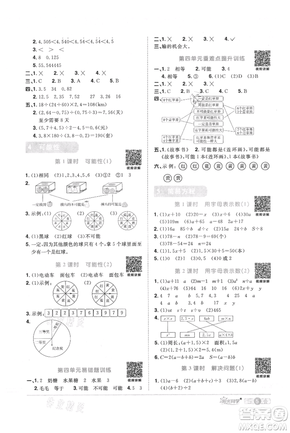 江西教育出版社2021陽光同學課時優(yōu)化作業(yè)五年級上冊數(shù)學人教版參考答案