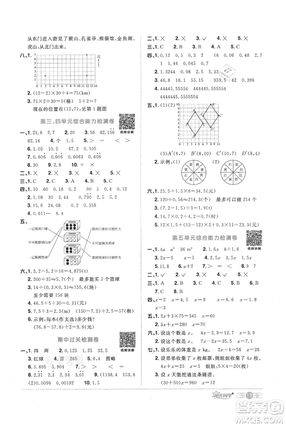 江西教育出版社2021陽光同學課時優(yōu)化作業(yè)五年級上冊數(shù)學人教版參考答案