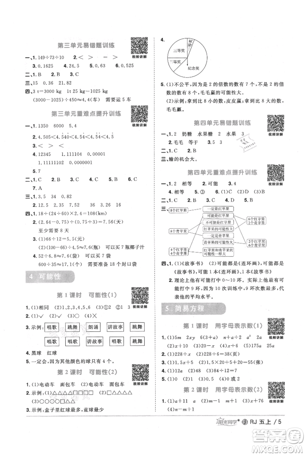 福建少年兒童出版社2021陽光同學(xué)課時(shí)優(yōu)化作業(yè)五年級(jí)上冊(cè)數(shù)學(xué)人教版福建專版參考答案