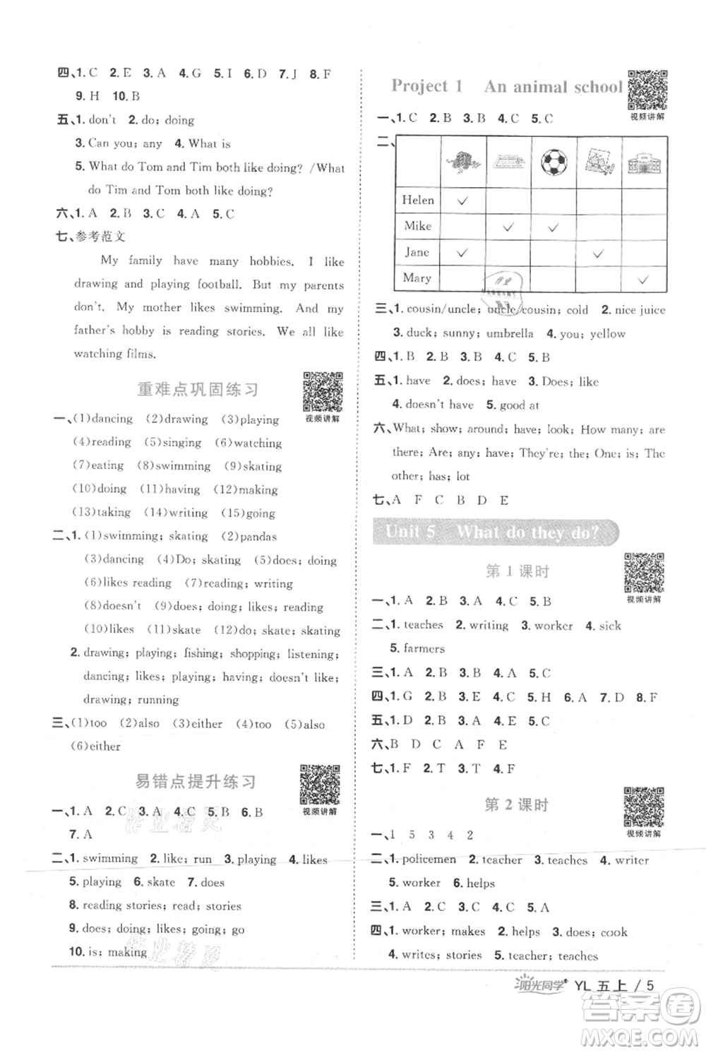 江西教育出版社2021陽光同學(xué)課時優(yōu)化作業(yè)五年級上冊英語譯林版參考答案