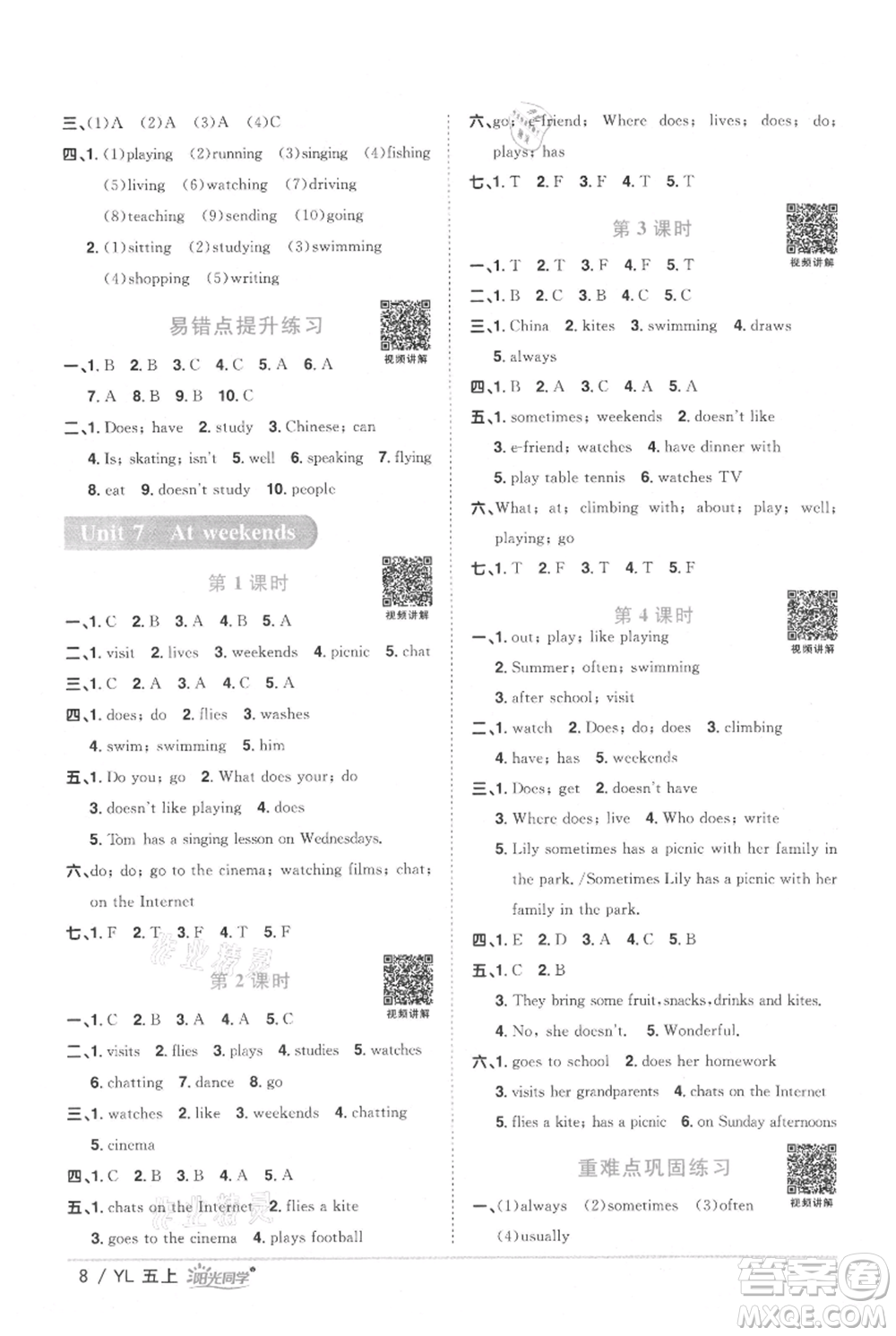 江西教育出版社2021陽光同學(xué)課時優(yōu)化作業(yè)五年級上冊英語譯林版參考答案