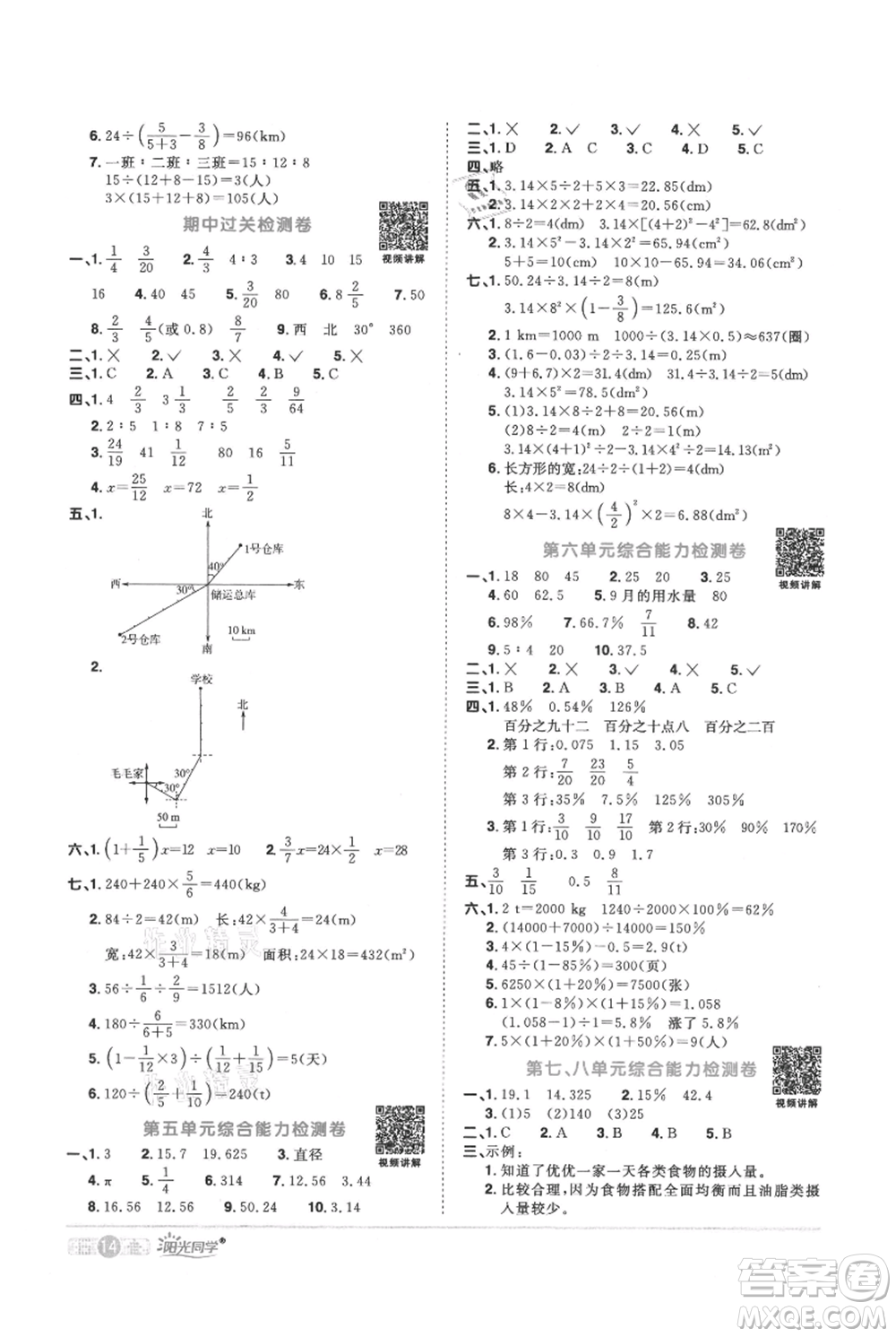 江西教育出版社2021陽光同學(xué)課時優(yōu)化作業(yè)六年級上冊數(shù)學(xué)人教版參考答案