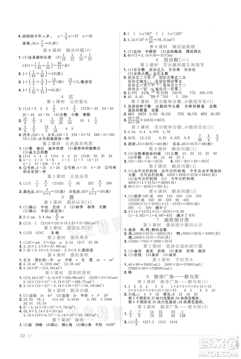 江西教育出版社2021陽光同學(xué)課時優(yōu)化作業(yè)六年級上冊數(shù)學(xué)人教版參考答案